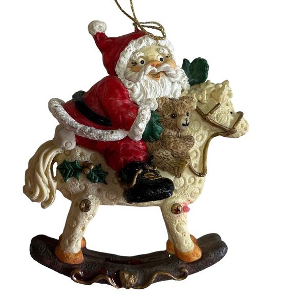 Resin Santa on Rocking Horse w/ Teddy Bear Christmas Tree Ornament 4" High - Picture 1 of 7